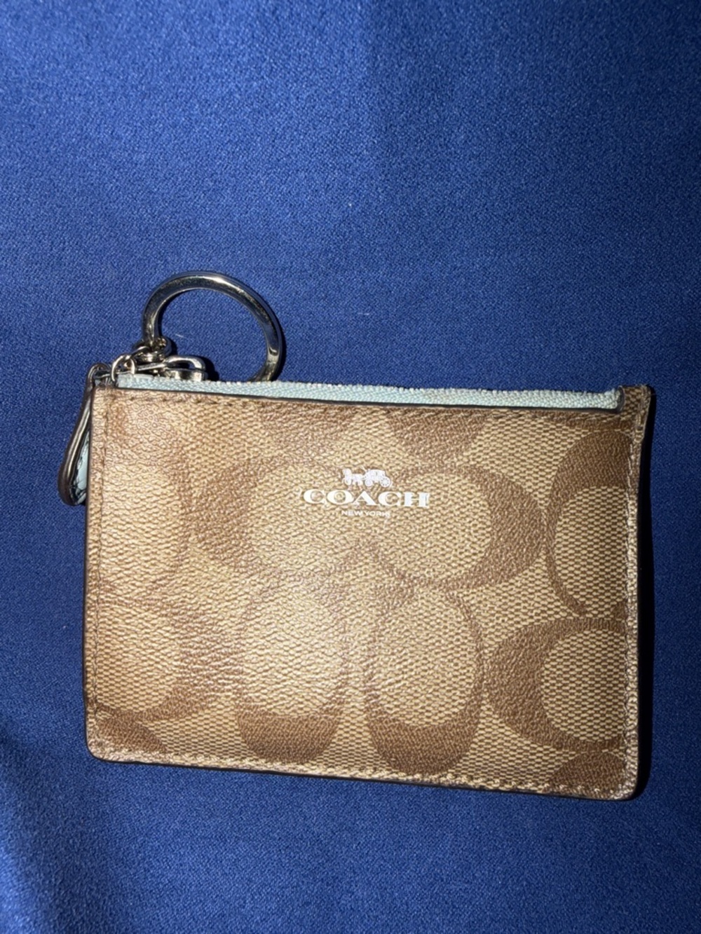 Coach Brown and blue Signature Zip Card Case Keyring